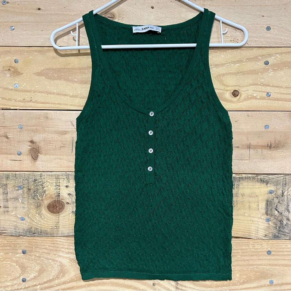 Zara Green Sheer Knit Tank Top Mother Of Pearl Buttons Size Medium